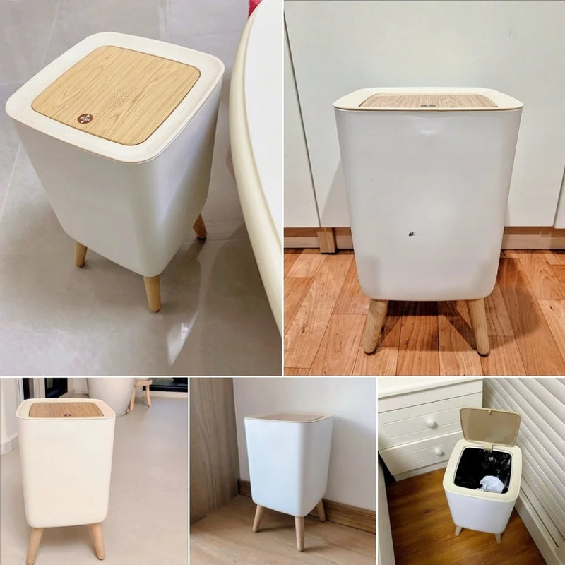 Lixeira Com Pés de Madeira Moderna Com Tampa de Pressão Para Sala Banheiro Cozinha Escritório 7L/10L
