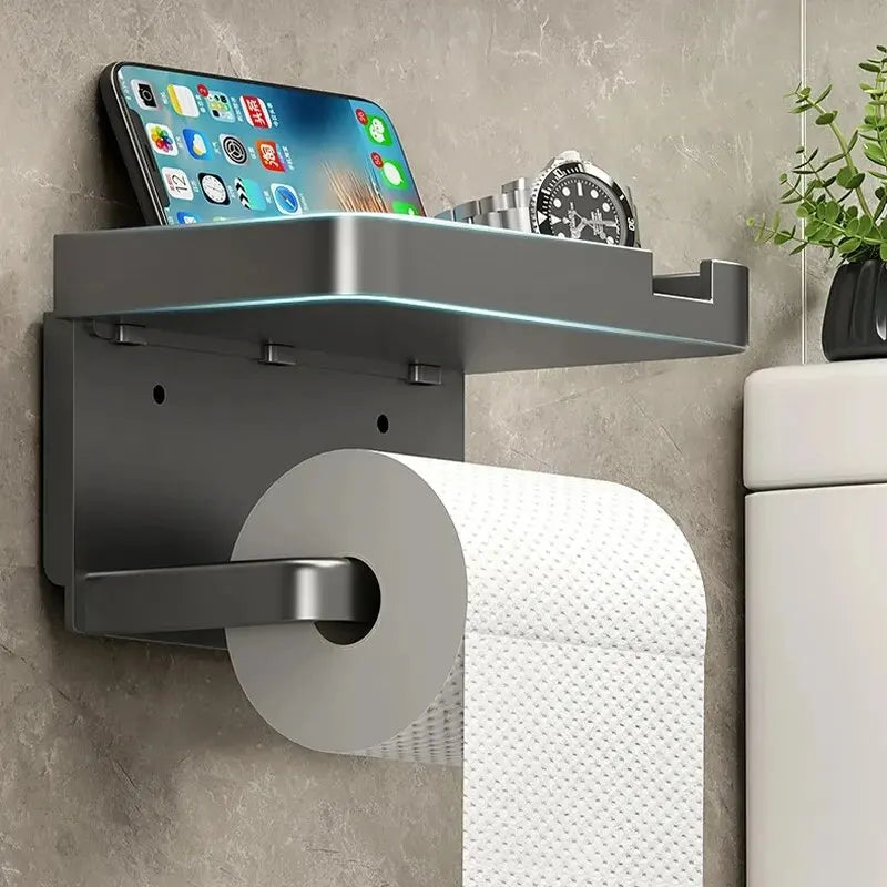 Suporte de papel higiênico, rolo de papel para parede do banheiro, armazenamento de telefone.