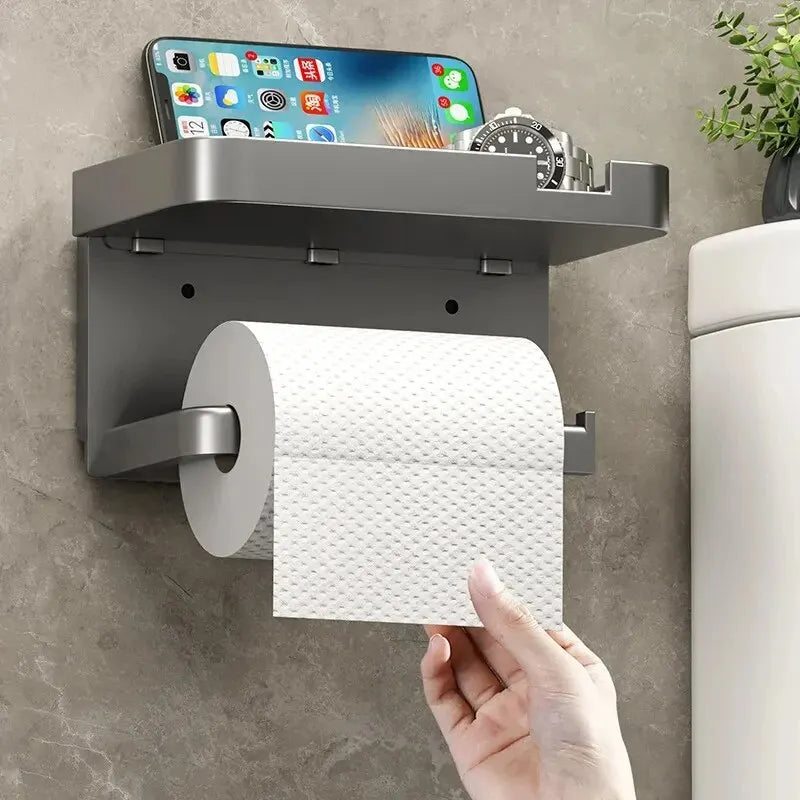 Suporte de papel higiênico, rolo de papel para parede do banheiro, armazenamento de telefone.